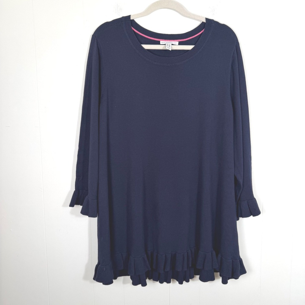 Isaac Mizrahi Live Womens 2X Navy Blue Ruffle Hem Knit Tunic Sweater A294255